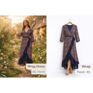 Biltmore Wrap Dress Floral Navy Pink Ruffle Hem Long Sleeve XS